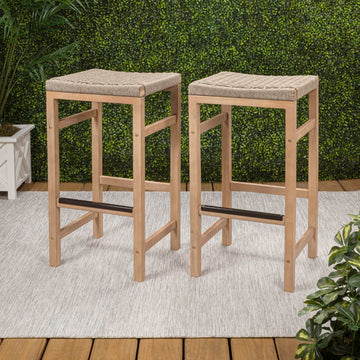 Armand 30" Modern Coastal Backless Acacia Wood Outdoor Bar Stool with Woven Rope Seat
